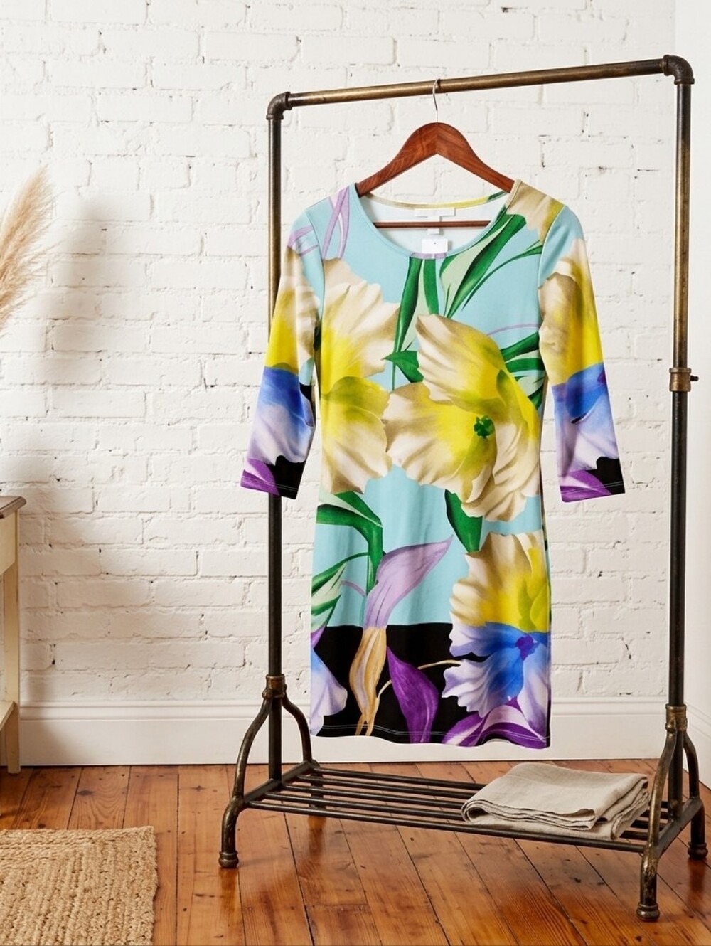Jean Pierre Pastel Blue Floral Midi Dress with Yellow & Purple Blooms